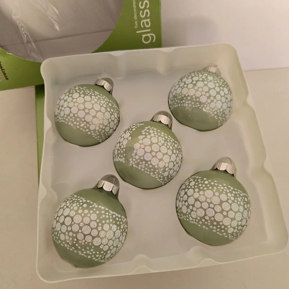 Martha Stewart 2 Boxes Glass Ornaments 10 Evergreen Frost Balls 2005 Everyday